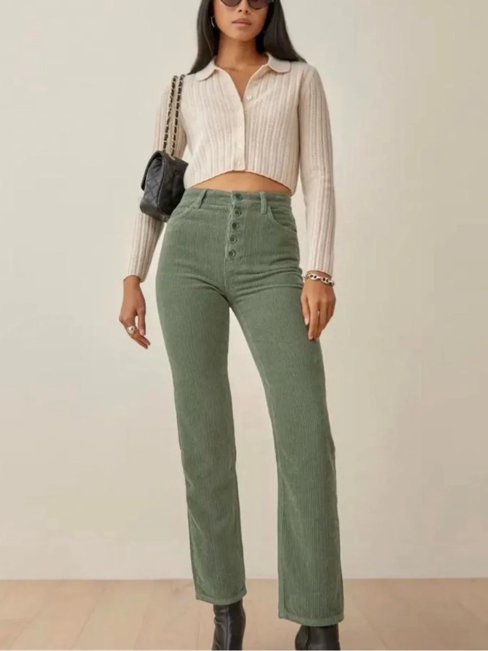 Reformation Cynthia High Rise Straight Corduroy Pants In Moss Green